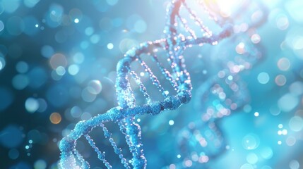 Poster - A blue DNA double helix spirals upward, shimmering with bright light and surrounded by a soft, sparkling blue background, creating a mesmerizing and scientific aesthetic
