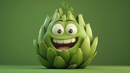 A happy 3D cartoon artichoke, grinning widely on a soft green background, capturing the essence of freshness and fun.