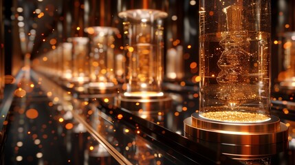 Poster - display of glowing glass jars containing golden liquid on black reflective surface
