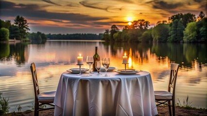 A candlelit table for two overlooking a serene lake at sunset, adorned with white linens, fine china, and a bottle of wine, evoking intimacy and luxury.