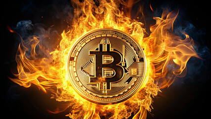 A bright Bitcoin symbol surrounded by vibrant flames, illustrating the intense passion and volatility of the cryptocurrency market in today's digital economy