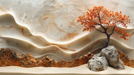 Poster - intricate sand art displaying a vibrant tree amidst smooth desert landscape