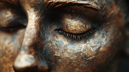  A close-up of a bronze statue's woman's face with her eyes closed