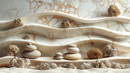 Poster - serene composition of smooth stones amidst textured waves and natural rocks at dawn