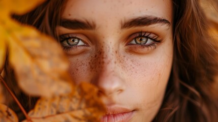 Wall Mural -  A close-up of a woman's face with freckled skin on her hair and eyes