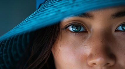 Wall Mural -  A women's face, tightly framed, dons a blue hat atop her head Her blue eyes gaze directly into the lens