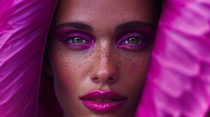 Wall Mural -  A tight shot of a woman's face adorned with freckles, surrounded by pink feathers concealing her eyes