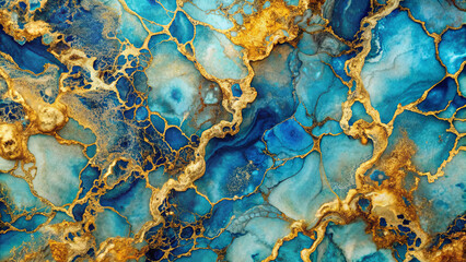 Poster - The artwork features deep blues and shimmering gold with swirling patterns like ocean waves and geological formations, creating a captivating visual experience