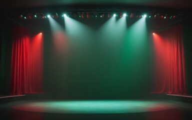 Dramatic Stage with Red Curtain, Green Floor, and Circular Light