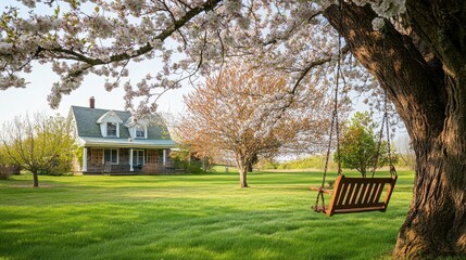 A serene countryside scene featuring a house, blooming trees, and a swing in a grassy yard.