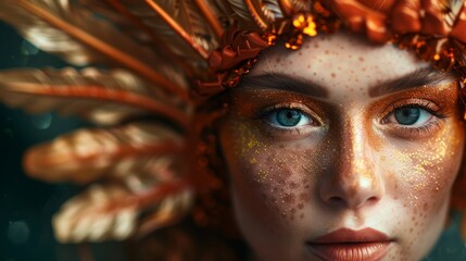 Wall Mural -  A close-up of a woman's face with gold freckles on her forehead and feathered freckles atop her head