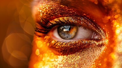 Wall Mural -  A tight shot of a woman's expressive blue-yellow eyes, adorned with golden glitter