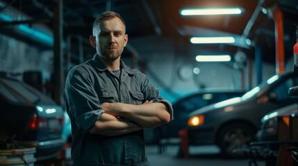 A skilled auto mechanic stands with arms crossed in a bustling workshop, surrounded by various vehicles in need of maintenance during daytime hours