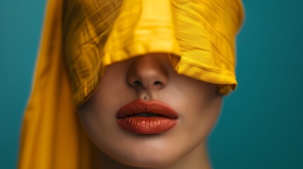 Wall Mural -  A woman's face, closely framed Yellow veil draped over her head Red lipstick marking her full lips