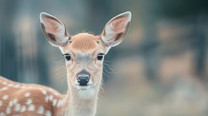  A close-up of a deer's face with a blurry background of trees