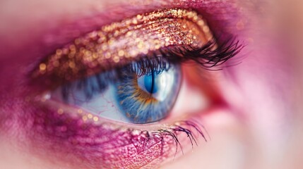 Wall Mural -  A tight shot of a blue eye adorned with golden glitter on its iris