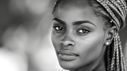  A serious-faced woman is depicted in this monochrome image, her hair styled in intricate braids