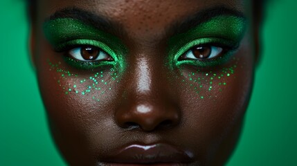 Wall Mural -  A tight shot of a woman's face adorned with green makeup and glittery eyeshadow