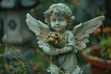 A small angel holding a tiny bouquet of flowers , AI generated