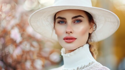  A woman in a white hat poses before a tree in this close-up photograph