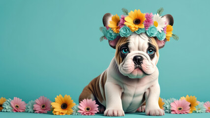 Funny animals card with cute baby bulldog puppy in a floral crown made of flowers on turquoise background.