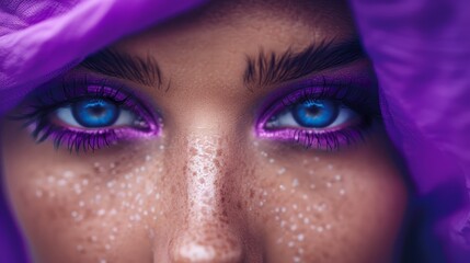 Wall Mural - blue eyes, freckled complexion, purple blanket concealing her head