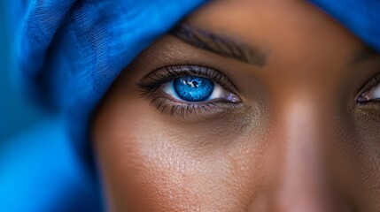 Wall Mural -  A woman's face, closely framed Blue scarf draped over her head Blue eyeshade shielding her gaze