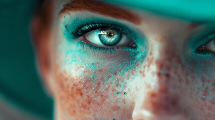 Wall Mural -  A tight shot of a woman's expressive blue-eyed face adorned with gleaming freckles