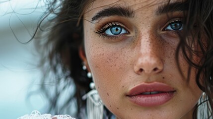 Canvas Print -  A close-up of a woman's face with freckled hair and blue eyes