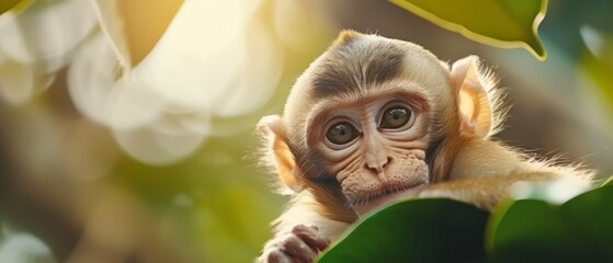 Poster -  A tight shot of a monkey on a tree limb, surrounded by foreground leaves, and background sunlight