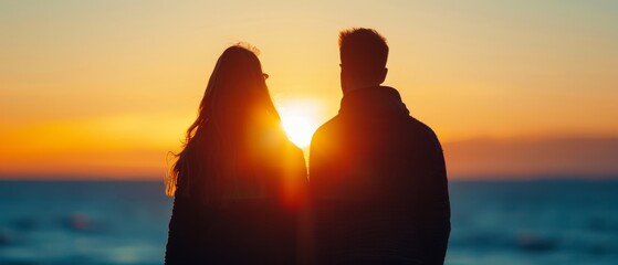  A man and a woman stand side by side as the sun sets in the background