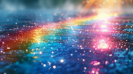 Poster - vibrant rainbow reflections on rainy surface during late afternoon light