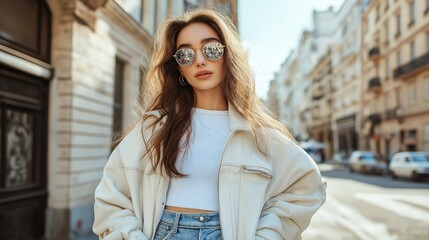 Wall Mural - A woman wearing sunglasses and a white jacket stands on a city street. She is posing for a photo