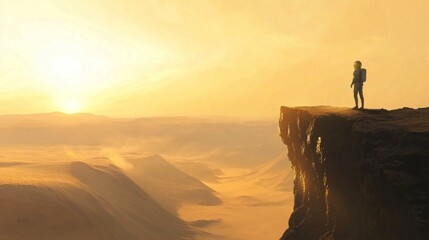 Wall Mural - A lone explorer stands on a dramatic cliff. The sunset casts a golden glow over the vast desert landscape. This scenic view inspires adventure and wonder. Perfect for travel themes. AI