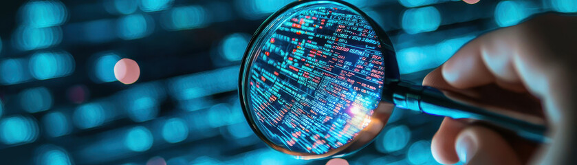 A hand holding magnifying glass focuses on colorful data code, symbolizing analysis and technology. image conveys curiosity and quest for understanding.