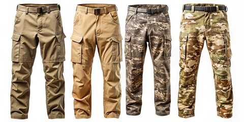 Sturdy military-inspired pants boast khaki camouflage patterns, cargo pockets for storage, and durable materials for reliability on-the-go, perfect for outdoor excursions.