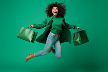 very excited african american young adult woman happy jumping with shopping bags on green background