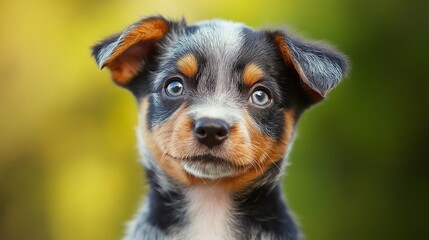 Wall Mural - A small dog with brown and black fur is staring at the camera. The dog has a blue eye and a black nose