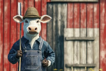 Wall Mural - Farmer Cow: A cow in overalls and a straw hat, holding a pitchfork in front of a barn.