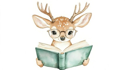 Wall Mural - Adorable, clever watercolor Deer reading a book, character illustration isolated on a white background