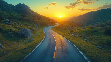 Sticker - road in mountainous area at sunset. View from above