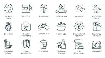 Poster - Recycling Symbol, Solar Panel, Wind Turbine, Electric Vehicle, Eco-Friendly, Eco-Friendly Home, Green Earth, Reusable Packaging, Reusable Shopping Bag, Pollution-Free, Organic Food vector icons