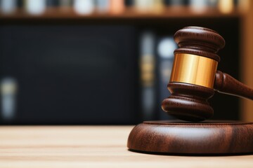 A close-up of a wooden gavel on a table, symbolizing justice and law in a courtroom setting with a blurred background.