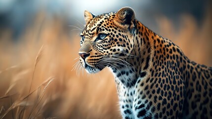 Wall Mural - majestic leopard portrait on Savana blurred background powerful wildlife photography