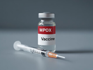 Wall Mural - MPOX vaccine vial and syringe on gray background for medical use