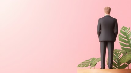 A confident businessman stands against a pink backdrop, surrounded by lush greenery, exuding professionalism and style.