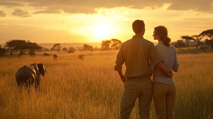 Canvas Print - Tourist couple on an African safari to view wildlife in an open grassy field as the sun comes up. 