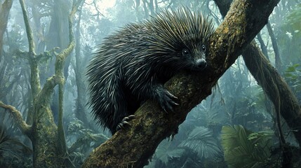 Sticker - Porcupine climbing tree in dense forest