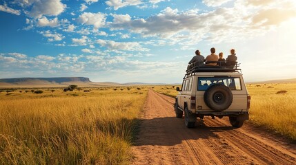 Poster - Group of tourists riding a car observing wildlife in a safari