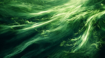 Abstract image depicts ethereal vegetation swaying in the breeze, creating a dreamy green tapestry of nature's motion.